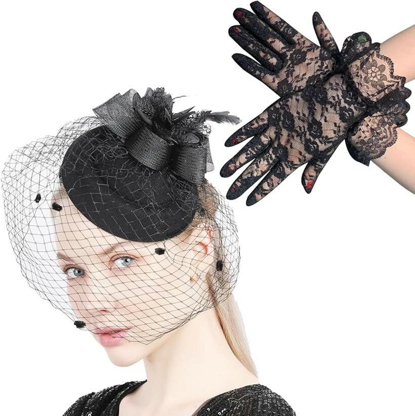 ルクシア フィル カクテル ハット 帽子 トーク帽 ブライダル ウェディング レディース ヘッドドレス ヘアアクセサリー 髪飾り レース手袋 セット ブラック Aタイプ (ブラック 手袋タイプA, Free Size)
