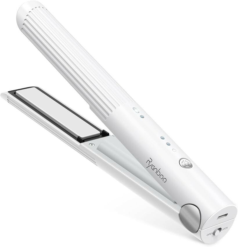 コードレスヘアアイロン USB充電式ヘアアイロン ミニ ストレートアイロン ワイヤレス 持ち運び 3段階温度調整 MAX200℃ White (ホワイト, 205x31x31mm)