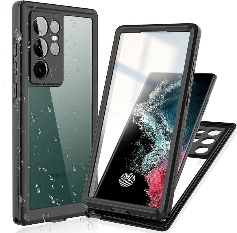 SamsungギャラクシーS22 Ultra スクリーンプロテクター付き防水ケース 防塵 5G 2022用頑丈ケース ブラック (S22UBlack, S22U6.8inches)