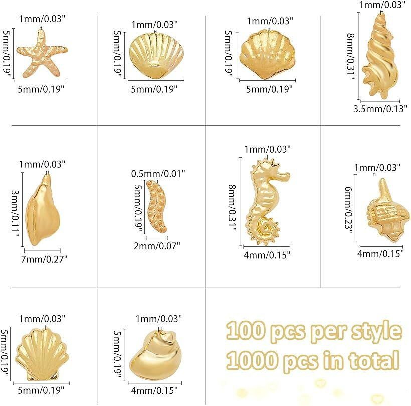エムラインストアの1000個 海 メタルパーツ 貝殻 海馬 ヒトデ チャーム 封入素材 合金UV ゴールド (貝殻-ゴールド)｜アングル2