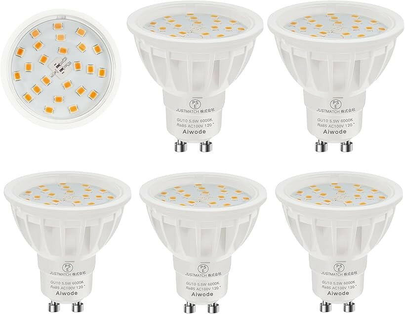 GU10 LED電球 GU10口金LEDスポットライト 5.5W 50-60W形相当 昼光色6000K 非調光器対応 RA＞85 広角120度 高輝度600LM PSE認証済 (昼光色6000K, 6個セット)