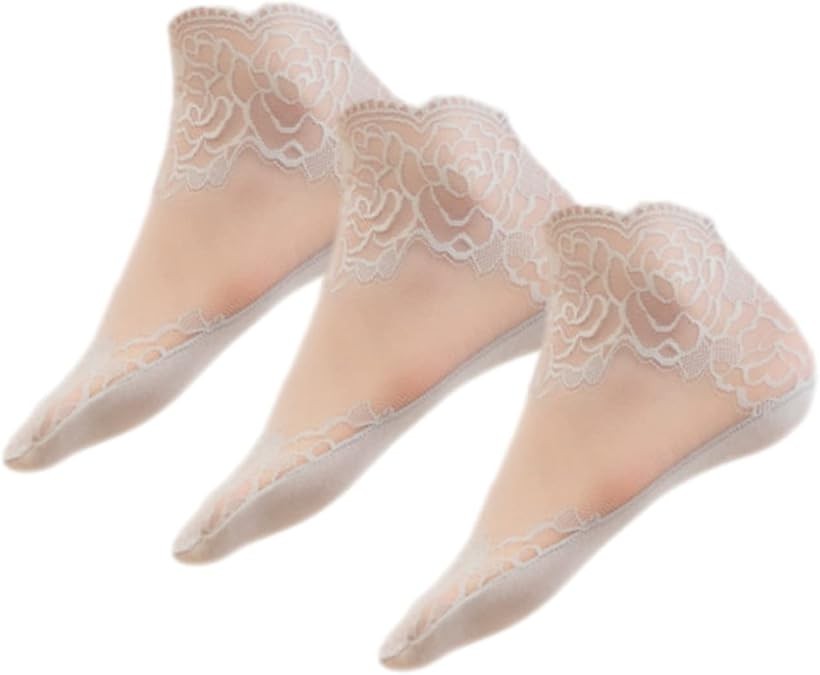 Pumps In - ファルファデ シースルー ソックス バラ 花柄 フラワー 透明 ショート クルー 丈 パンプス 3足セット レディース 靴下 夏 おしゃれ 涼しい 極薄 グレー (グレー, Free Size)