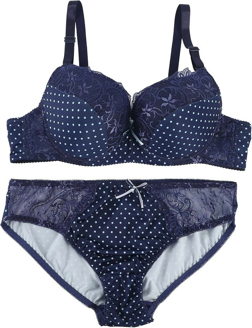 レース付き 水玉 ランジェリー 上下 セット ブルー B95/XXL (ブルー, B95/XXL)