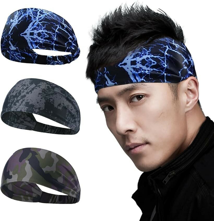 Hair Bands - ヘアバンド メンズ スポーツ 汗止め ヘッドバンド ゴムあり 3個セット 1 スプラッシュグレー / イナズマブルー カモフラージュ (「1」 スプラッシュグレー / イナズマブルー / カモフラージュ)