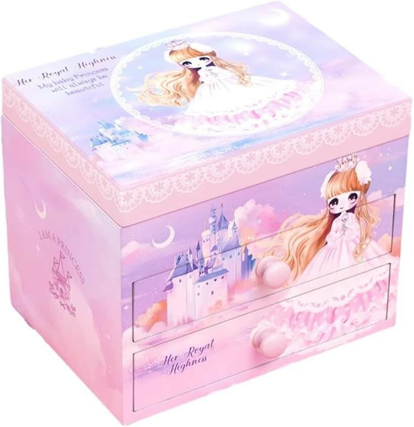 木製 子供用 オルゴール付 アクセサリー ケース ジュエリー ボックス 女の子 鏡付き おもちゃ箱 プリンセス・アクセサリー付き (プリンセス・アクセサリー付き)