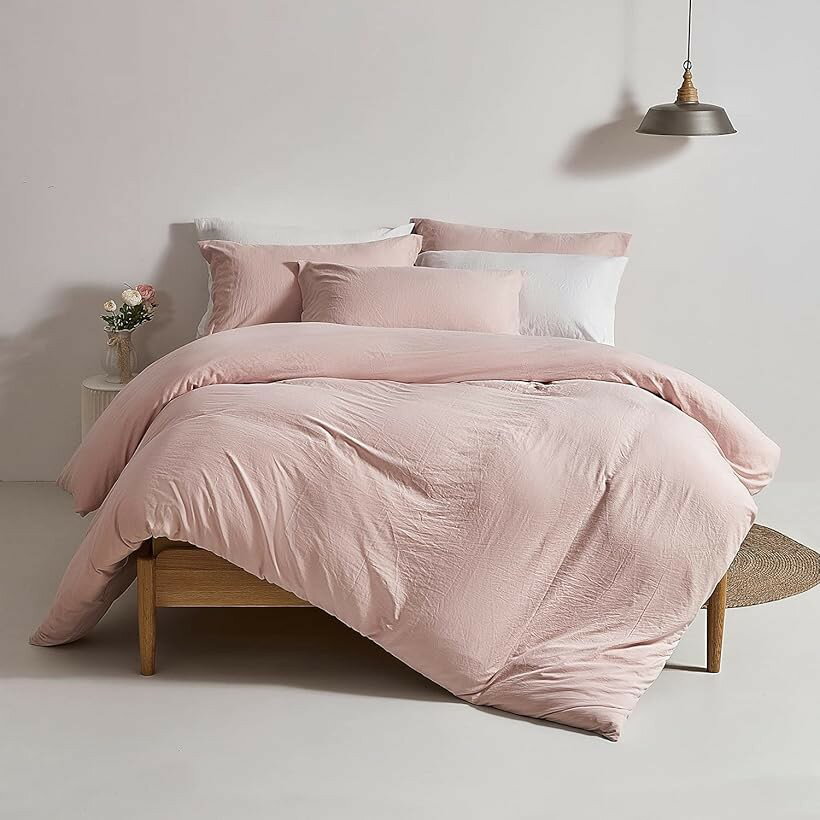 Futon Covers - 掛け布団カバー 単品 水洗い加工 ピーチスキン おしゃれ 掛ふとんカバー 防ダニ 抗菌 防臭 ヒモ8枚 (ピンク, 「掛け布団カバー」セミダブル)