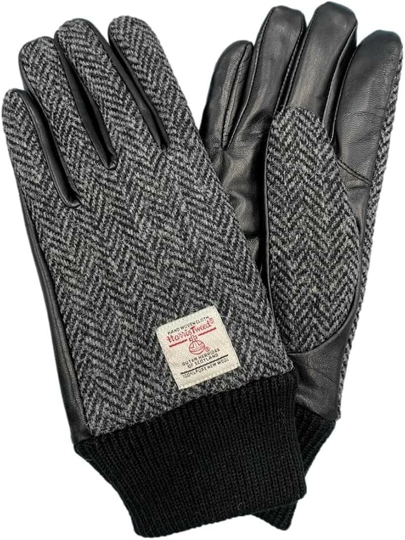 ハリスツイード HARRIS Tweed x羊革手袋 メンズ ニットカフス スマホ対応 裏ボア チャコールへリンボンHBGL011 CGYH (チャコールへリン..