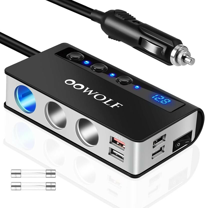 シガーソケット 3連 4ポート付き USB充電器 最大180W スマートIC Quick Charge 3.0 搭載 12-24V車対応 取り替えヒューズ2個付属 (3連シガーソケット 100cm)