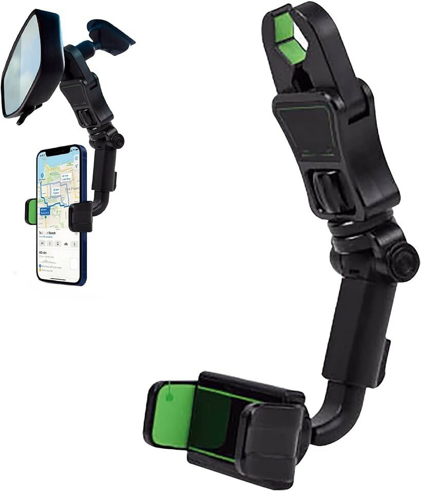 フリースピン バックミラー取付 スマホ アーム ホルダー 車載ホルダー スマホホルダー 片手操作 360度回転 後部座席 ルームミラー スマホスタンド 携帯ホルダー スマートフォン 取り付け簡単 調節可能 多機種対応 Green (グリーン)