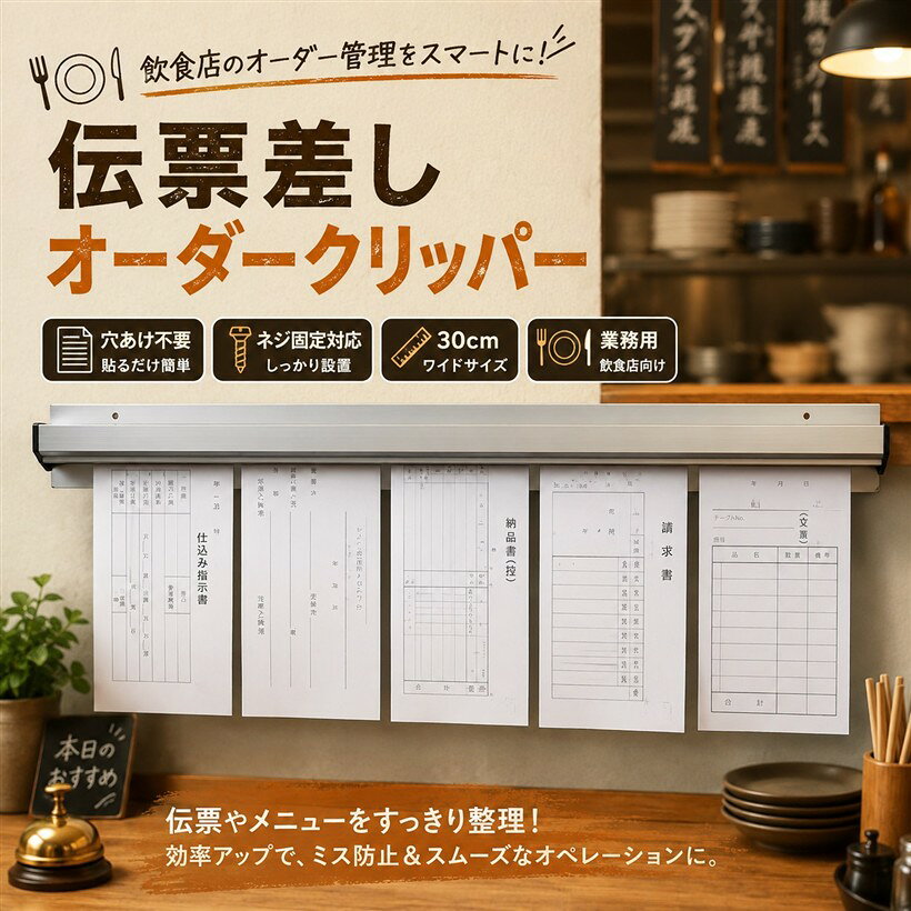 商品コード2b9oqvwvd6商品名伝票差し オーダークリッパー｜伝票ホルダー 穴あけ不要 ネジ固定対応 業務用 飲食店向け メニュー管理ブランドAnMISTサイズ等30cm「業務効率アップ。オーダークリッパー」 「オーダークリッパー 30cm」は、伝票を簡単に挟んで管理できる業務用ホルダー。穴あけ不要で簡単に設置可能ながら、ネジ固定にも対応した柔軟な設計。飲食店やオフィスでのオーダーや書類管理がスムーズになり、忙しい現場でも頼れる便利アイテムです。「簡単操作でスムーズな伝票管理」 片手で簡単に伝票を挟んだり取り外したりできる滑らかなクリップ機能を搭載。作業効率が格段に向上し、忙しい業務中でもストレスなく使用可能。整理整頓がしやすく、伝票の見落としを防ぎます。「穴あけ不要＆ネジ固定両対応」 両面テープで穴を開けずに取り付け可能。賃貸物件や傷をつけたくない壁にも対応しています。さらに、ネジ固定にも対応しているため、しっかり固定したい場合にも安心してお使いいただけます。「頑丈＆長持ち。高品質素材を採用」 耐久性に優れた高品質な素材を使用し、業務でのハードな使用にも耐えられる設計。クリップ部分は伝票や紙をしっかり挟み込みつつ傷つけにくく、毎日の業務で安心して使えます。「あらゆる現場で役立つ多用途デザイン」 飲食店のオーダー管理だけでなく、オフィスでの書類整理やイベント会場でのタスク管理にも大活躍。新規店舗開業祝いのプレゼントとしてもおすすめ。シンプルで実用的なデザインはどんなシーンにも馴染みます。※ 他ネットショップでも併売しているため、ご注文後に在庫切れとなる場合があります。予めご了承ください。※ 品薄または希少等の理由により、参考価格よりも高い価格で販売されている場合があります。ご注文の際には必ず販売価格をご確認ください。※ 沖縄県、離島または一部地域の場合、別途送料の負担をお願いする場合があります。予めご了承ください。※ お使いのモニタにより写真の色が実際の商品の色と異なる場合や、イメージに差異が生じることがあります。予めご了承ください。※ 商品の詳細（カラー・数量・サイズ 等）については、ページ内の商品説明をご確認のうえ、ご注文ください。※ モバイル版・スマホ版ページでは、お使いの端末によっては一部の情報が表示されないことがあります。すべての記載情報をご確認するには、PC版ページをご覧ください。