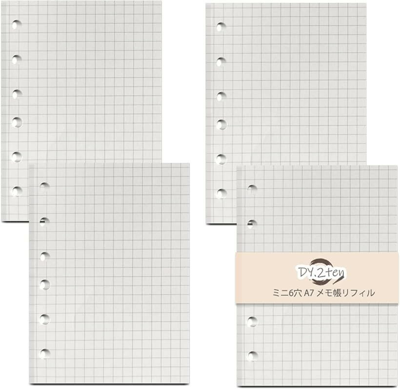 メモ帳リフィル ミニ6穴4冊セット 無地 システム手帳リフィル a7 ポケットサイズ クリーム 180枚 ノート (方眼タイプ)
