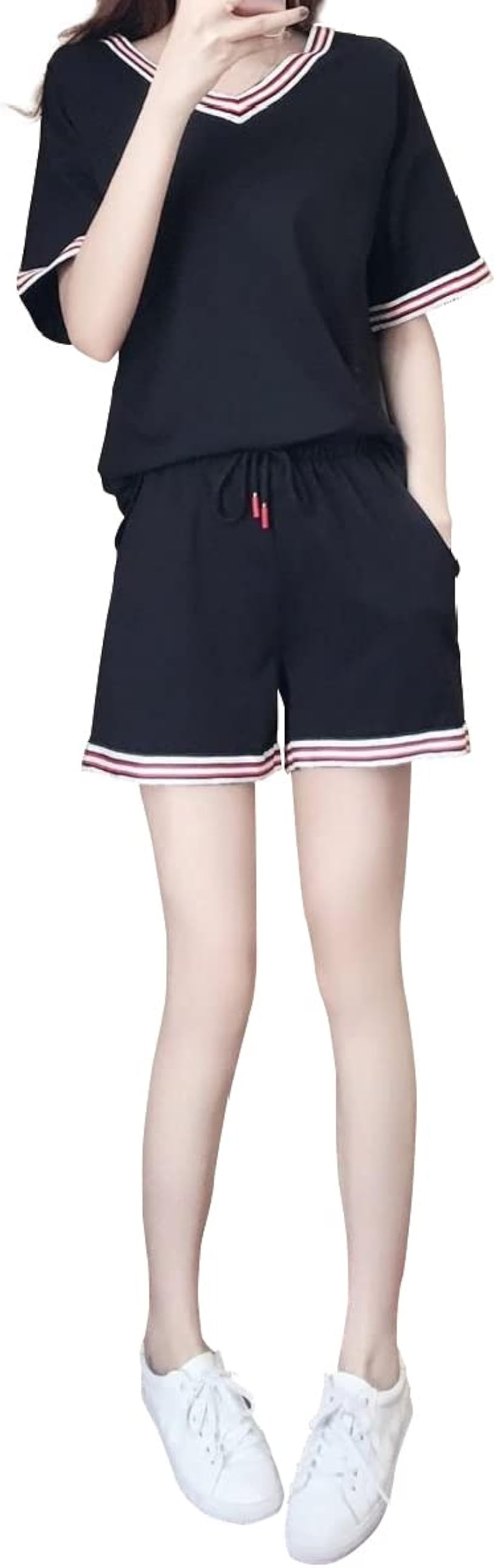 セットアップ ルームウェア ショートパンツ 半袖 Vネック パジャマ レディース (ブラック, L)