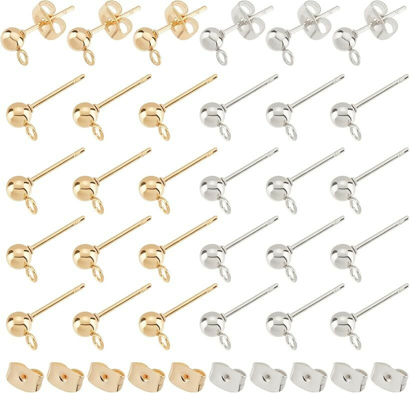 約120個 2色 丸玉ピアス 4mm ピアスパーツ 304ステンレス製 スタッドイヤリング カン付き ボールスタッド ピアスキャッチ付き (2色-120個, 4mm)