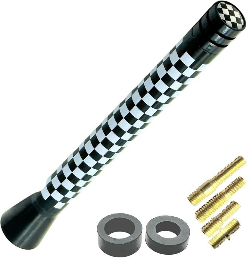 ミニクーパー アンテナ MINI BMW 汎用 ヘリカル ショート FM AⅯ ラジオ 車用 チェッカーフラッグ 10.7cm (チェッカーフラッグ・10.7cm)
