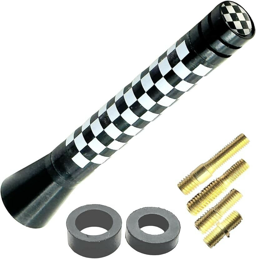 ミニクーパー アンテナ MINI BMW 汎用 ヘリカル ショート FM AⅯ ラジオ 車用 チェッカーフラッグ 7.7cm (チェッカーフラッグ・7.7cm)