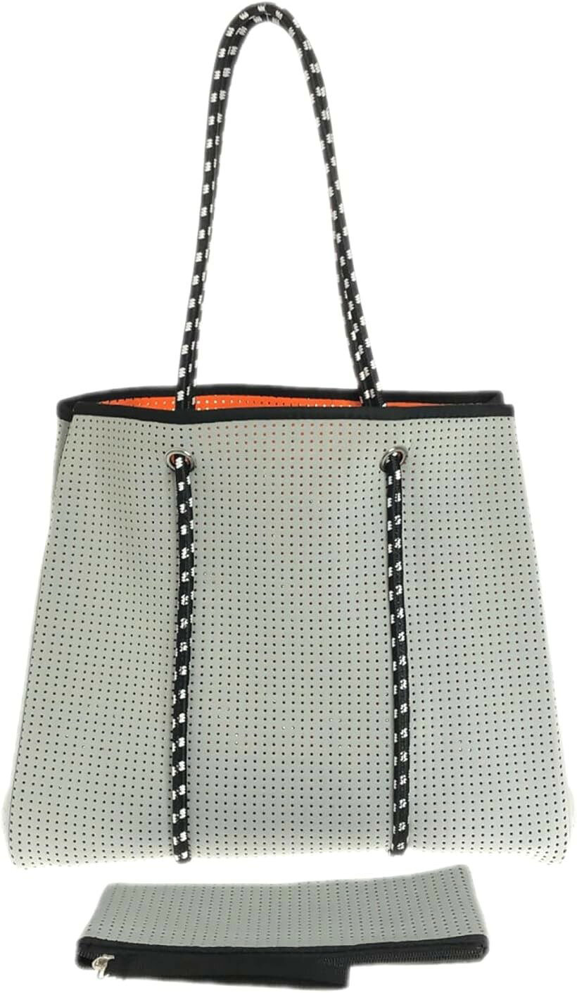 Tote Bag - ポーチ付 ネオプレン素材 トートバッグ ネオプレーン マザーズバッグ スポーツバッグ 買い物バッグ エコバッグ スポーツジム パターン 大きめ A4 A3 LL 子供のおむつ 大量の荷物 レジャー 海水浴 ビーチバッグ (グレイ／オレンジ)