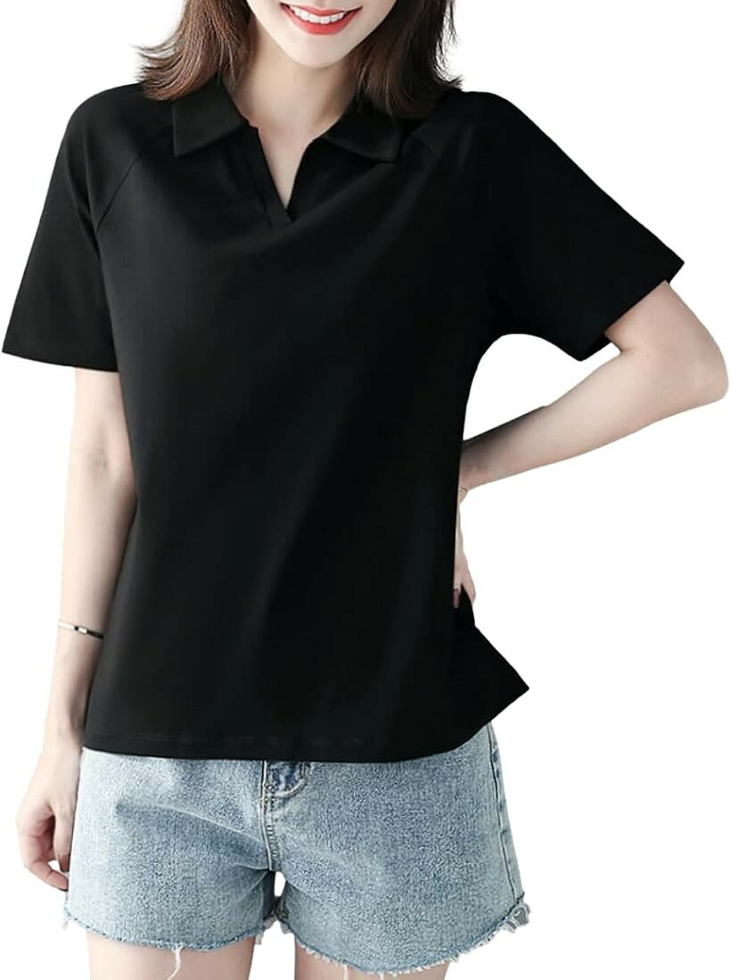 ポロ シャツ Tシャツ 半袖 無地 襟付き Vネック キレイメ レディース M 黒 (ブラック, M)