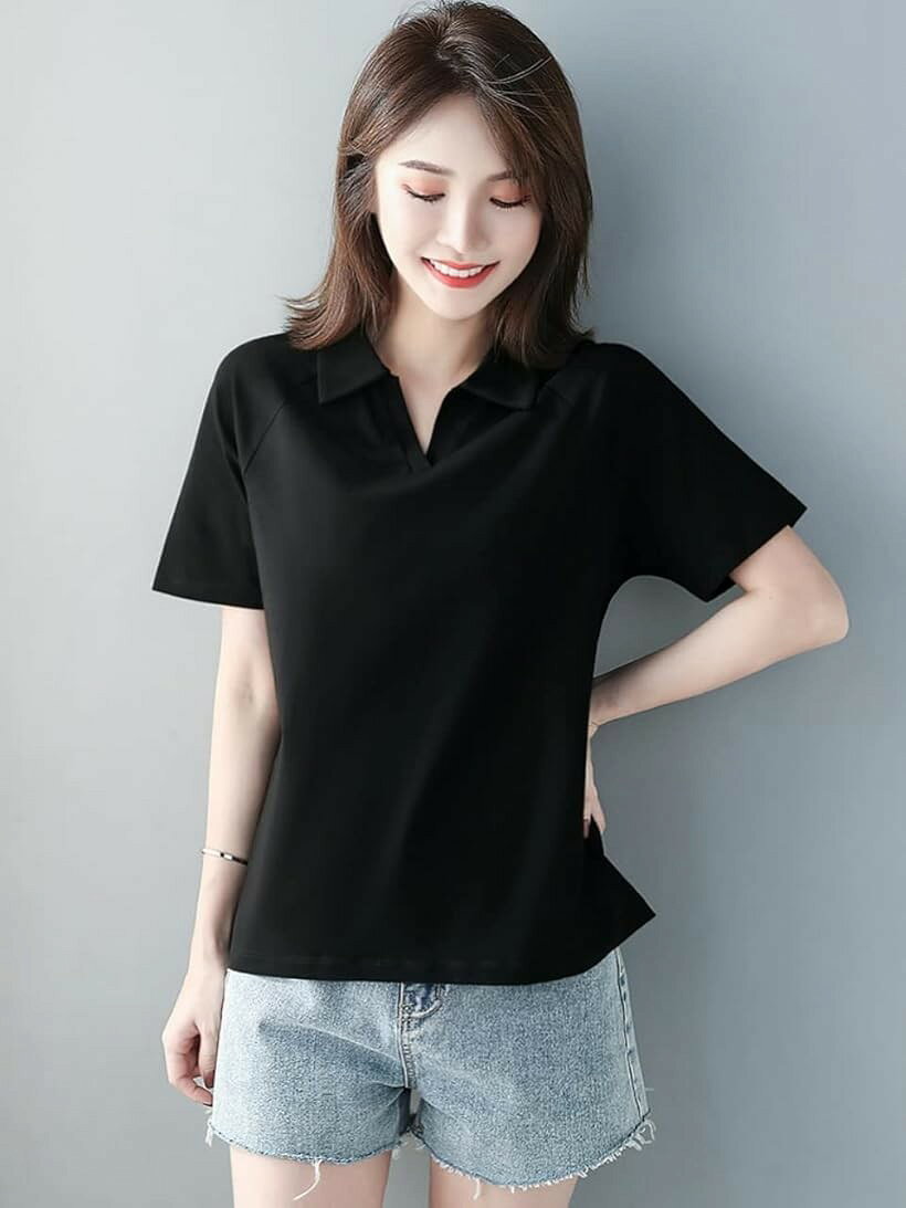 エムラインストアのポロ シャツ Tシャツ 半袖 無地 襟付き Vネック キレイメ レディース M 黒 (ブラック, M)｜アングル2