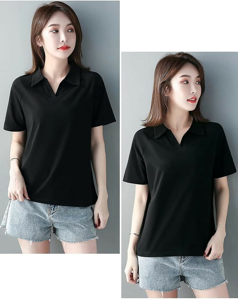エムラインストアのポロ シャツ Tシャツ 半袖 無地 襟付き Vネック キレイメ レディース M 黒 (ブラック, M)｜アングル3