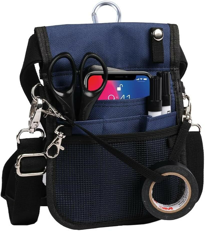 3way エプロンバッグ ナースポーチ ウエストバッグ 薄型 カラビナ ショルダーベルト付き 9ポケット マチ5mm (ネイビー, S)