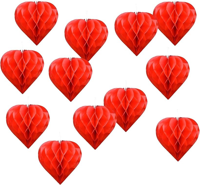 ハニカムボール ハート型 吊り下げ飾り ペーパーポンポン デコレーション 飾り付け (レッド)
