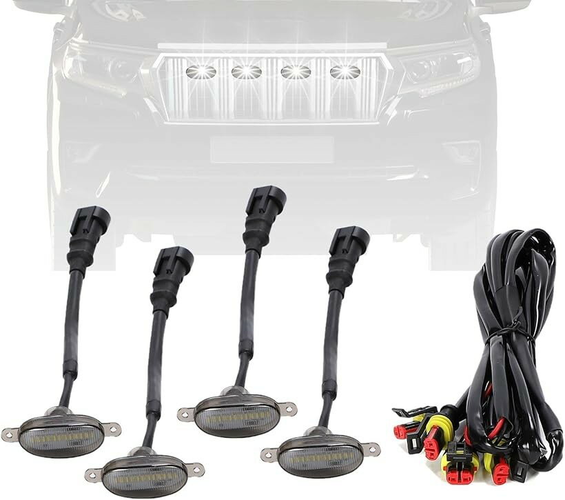 互換品LED グリルマーカー 防水 ハーネス付 ジムニー プラド RAV4 デリカD5 対応 デイライト 汎用 12V 高輝度 フロントグリル ライトバー 外装 カスタム 簡単取付 オフロード (スモークxホワイト)