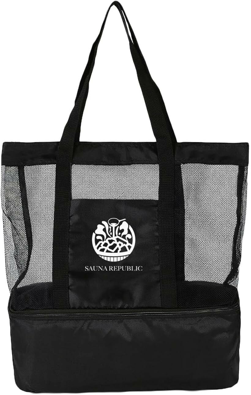 Beach Bags, Pool Bags - 保冷トートバッグ メッシュ 軽量 大容量 2層構造 底部保冷ポケット付 サウナバッグ 銭湯 プール ジム アウトドア 仕切り・防水加工 メンズ レディース おしゃれ 23.2L (ブラック)