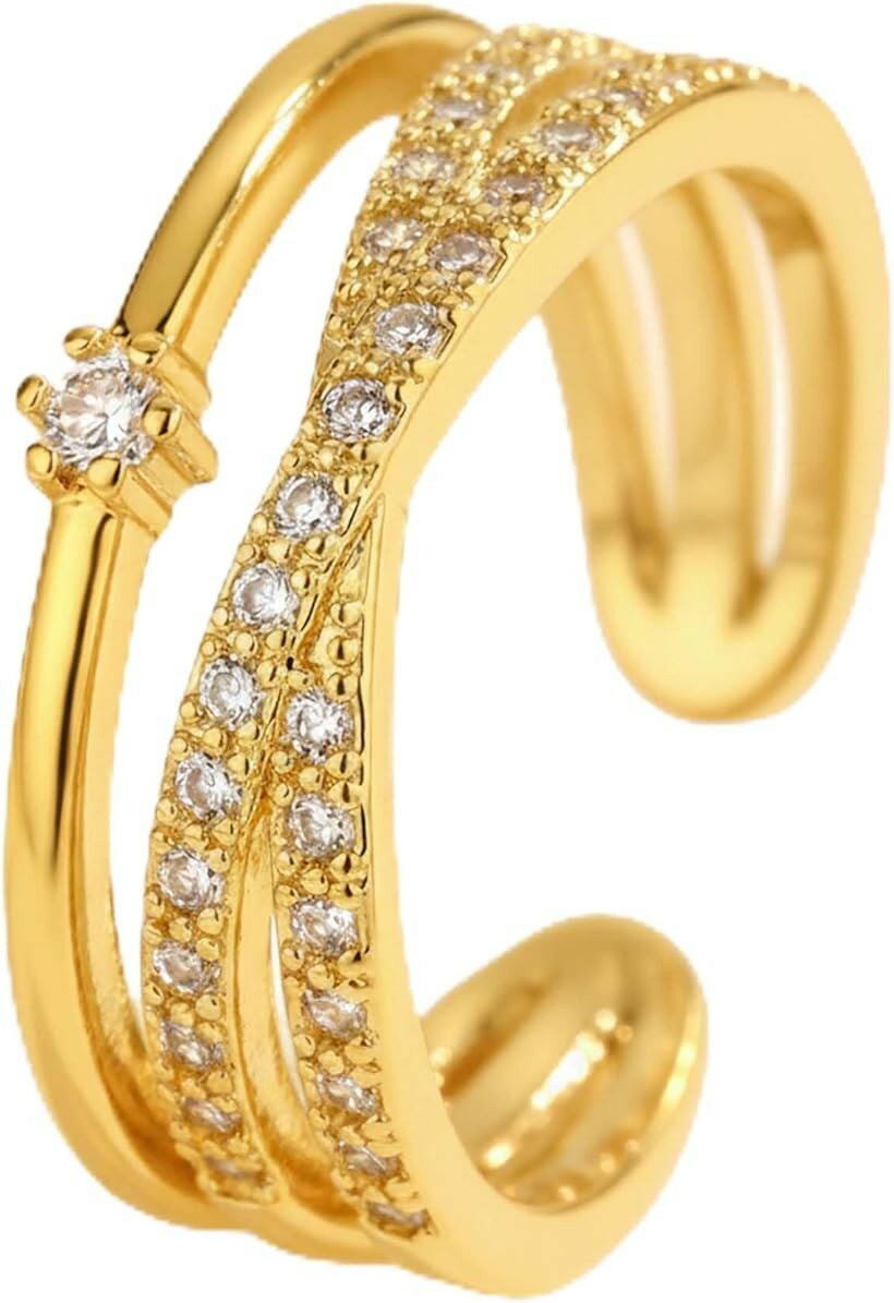 ジルコニア リング 指輪 レディース オープンリング クロス 2連風 フリーサイズ サージカルステンレス 18K メッキ 金属アレルギー 対応 重ね付け 写真映え プレゼント (ゴールド, 調整可能)