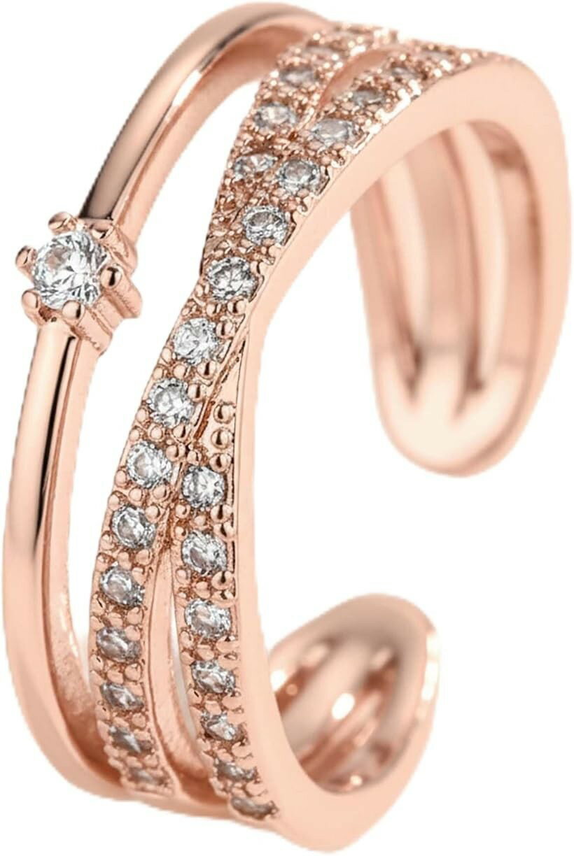 ジルコニア リング 指輪 レディース オープンリング クロス 2連風 フリーサイズ サージカルステンレス 18K メッキ 金属アレルギー 対応 重ね付け 写真映え プレゼント (ピンクゴールド, 調整可能)