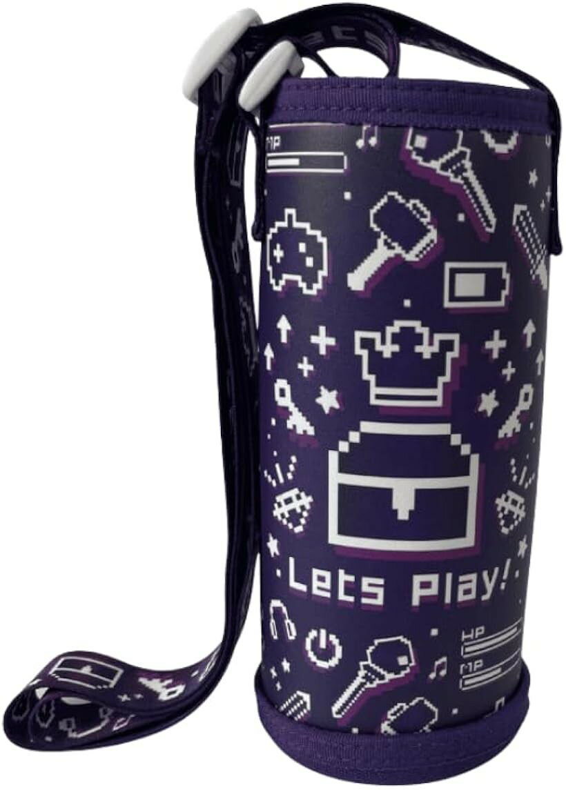 水筒カバー ペットボトルカバー 500ml 600ml 肩掛け ショルダー 子供 ボトルホルダー ストラップ (ゲーム（ドット）, ジャストフィット)