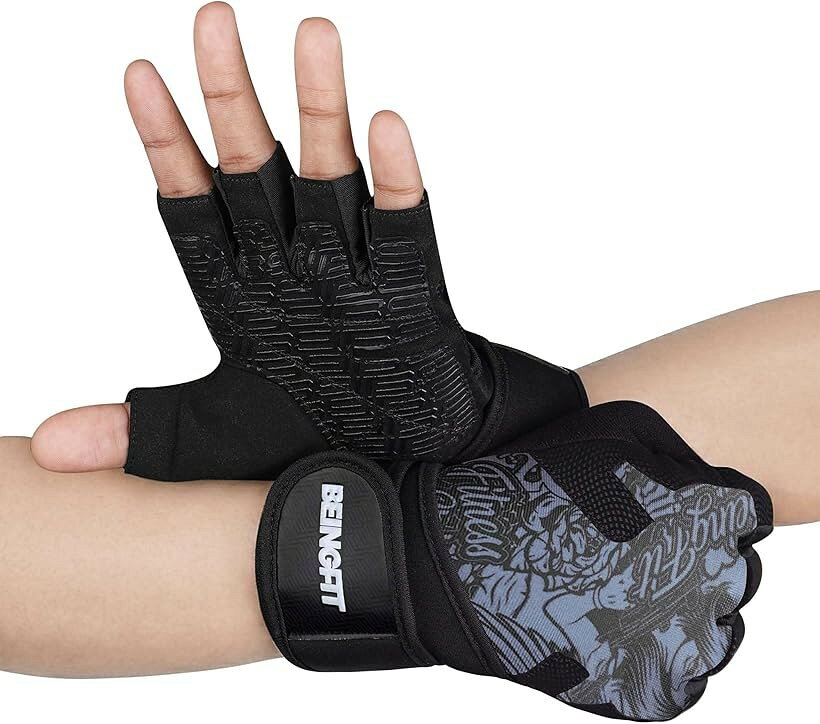 BEINGFIT トレーニンググローブ 筋トレ メンズ レディース ノンスリップ リストラップ付き ジムグローブ ウエイトトレーニング用グローブ 懸垂 ベンチプレス ダンベル マメ防止 (ブラックエイジ, M)