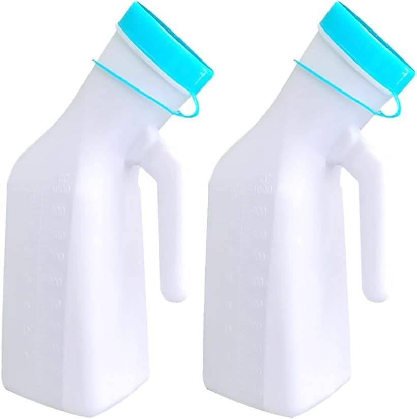 暗い蓋で光る男性用尿器 2パック-ねじ込み式の蓋が付いた32oz / 1000mLの厚いプラスチック製男性用便器ボトル (白, 2 Pack)