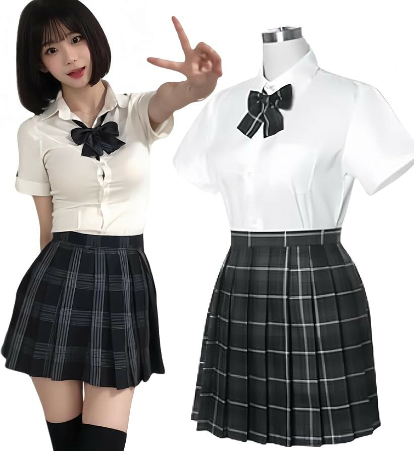 制服 大きいサイズ コスプレ セーラー服 ミニスカート JK 学生服 女装 レディース 衣装 長袖 半袖 チエック柄 ハロウィン 学園祭 文化祭 (半袖-XXL)