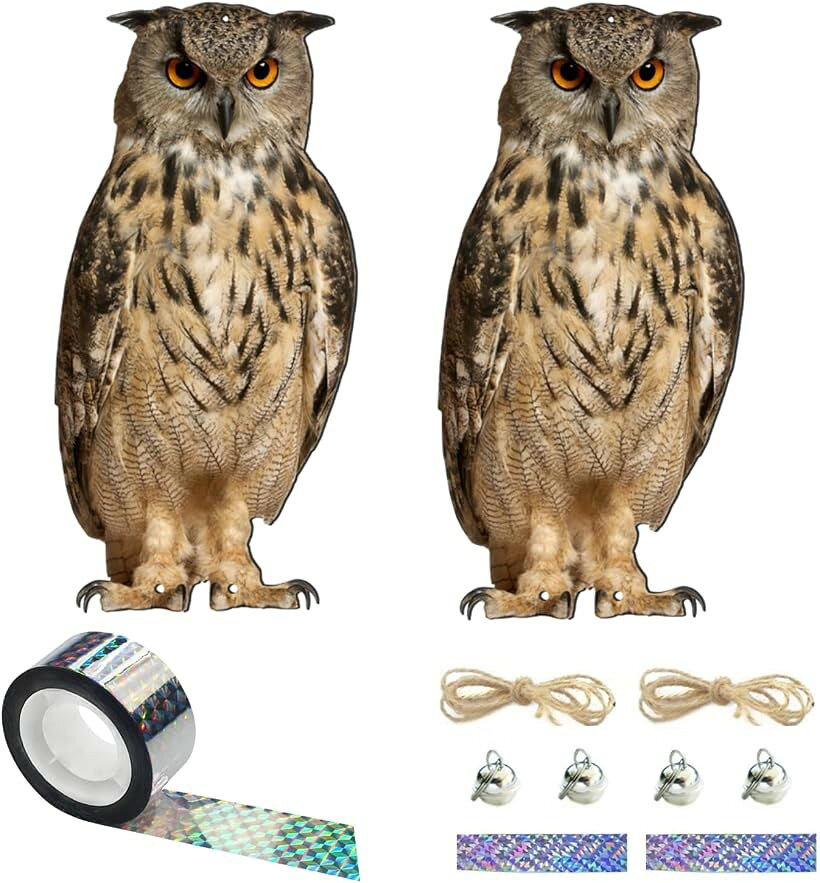 鳥よけ 鳥除け 鳩よけ グッズ カラス ハト撃退用 吊り下げ式 ベランダ 庭 畑用 ミミズク フクロウ型 タカ型 防鳥装置 (ミミズク(フクロウ)(2) 2枚)