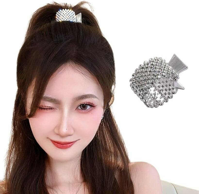 ヘアクロー ヘアクリップ ラインストーン ビジュー ポニーホルダー 髪留め 髪飾り フォーマル (シルバー)
