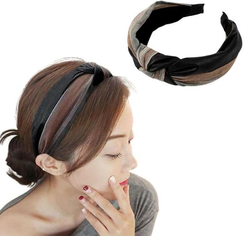 Hair Bands - カチューシャ 綿麻 PUレザー 痛くない 韓国風 ヘアバンド レディース バイカラー クロス ツイスト 滑り止め 大人っぽい おしゃれ フォーマル ヘアアクセサリー 普段使い (ライトブラウン, フリーサイズ)