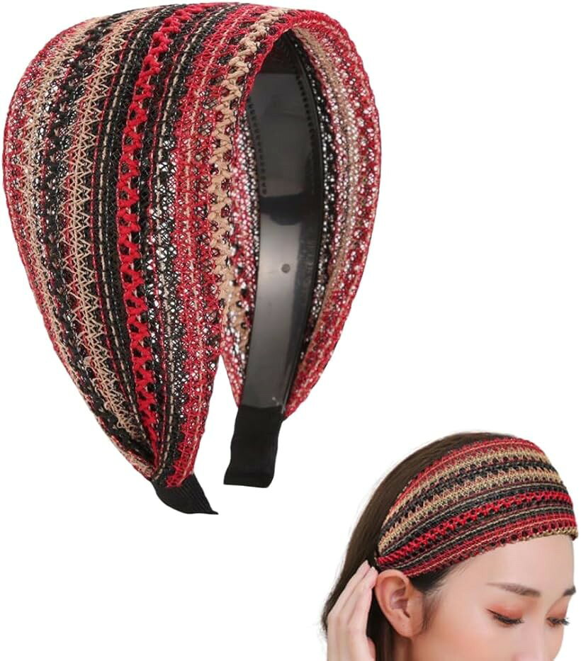 カチューシャ 幅広メッシュ 刺繍ボヘミアン ボーホー ヘアバンド 痛くなりにくい レディース 髪留め フェス ヨガ メイク用 (レッド, フリーサイズ)