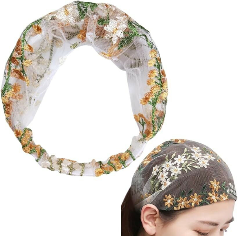 ヘアバンド 刺繍 チュール レース 幅広 ターバン風 カチューシャ ヘアターバン ヘアアクセサリー ゴム レディース 洗顔 メイク スポーツ 花柄 (シャンパン, フリーサイズ)