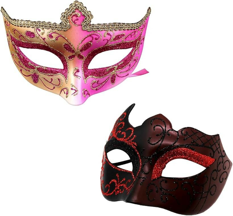 Costume - 仮面 ベネチアンマスク 仮面舞踏会 お面 変装 仮装 ダンス 2個セット (ローズxブラック・レッド)