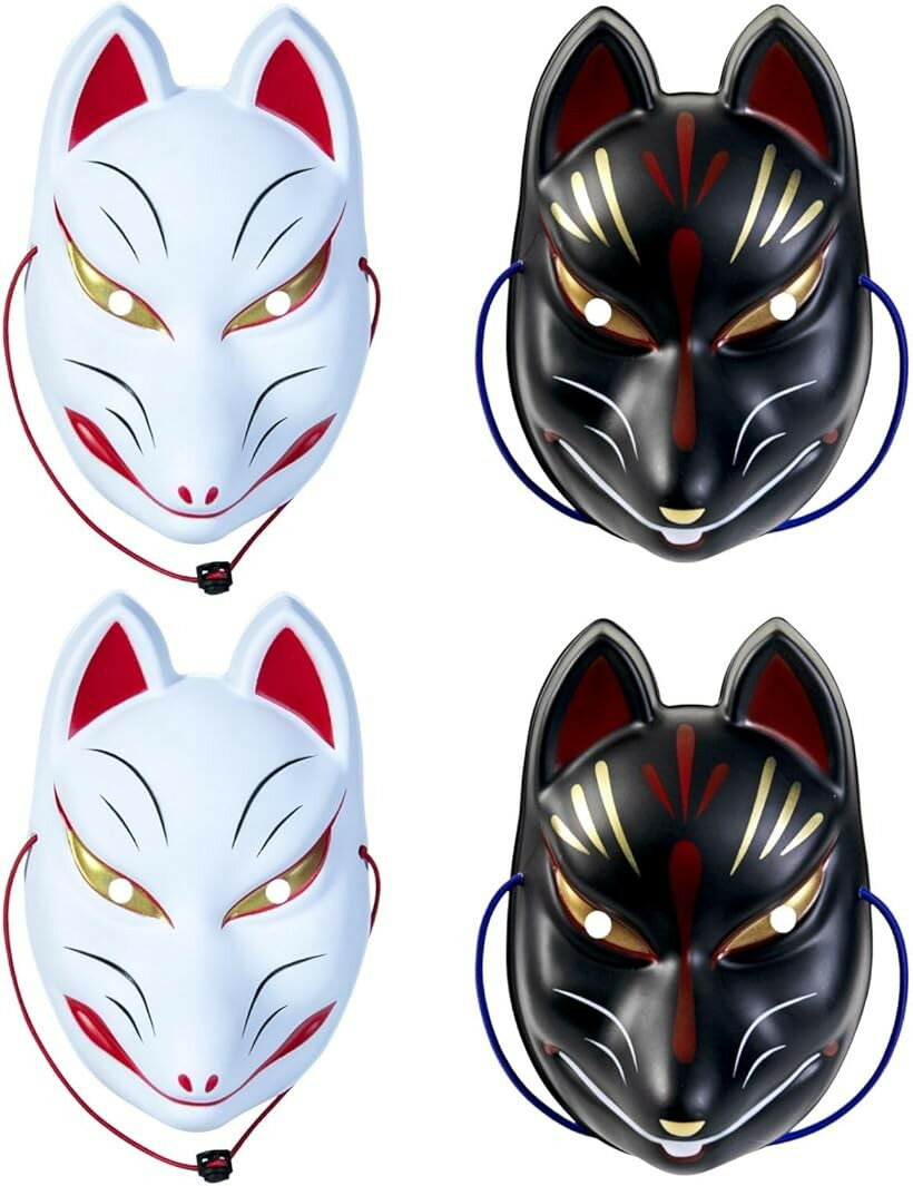 狐面 きつねの面 お面 キツネ 狐のお面 ハロウィン 仮面 (白2 黒2)