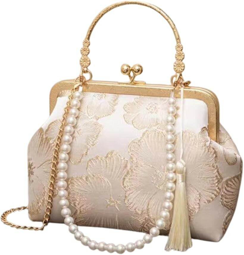 C, G, K - ハンドバッグ レディース ウエディングバッグ ミニバッグ がま口 小さめ 花柄刺繍 パールチェーン付き 2WAY 和洋兼用 フォーマル 結婚式 二次会 パーティー 上品 (オフホワイト, 横20cmx縦15.5cmx奥行8cm)
