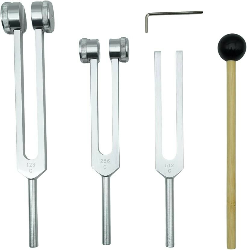 音叉セット 3本 128Hz・256Hz・512Hz シリコンハンマー／ベース／収納ポーチ／レンチ付 アルミ合金 チューニングフォーク 音楽学習・調律・理科実験・サウンドデザイン (シルバー)