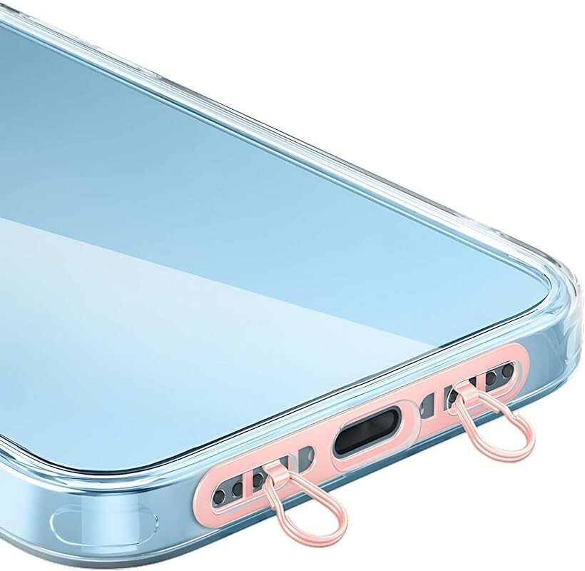 ストラップホルダー 2口ダブルリング 極薄0.4mm ステンレス製 充電干渉なし 回転防止 落下・紛失防止 (ペールピンク)