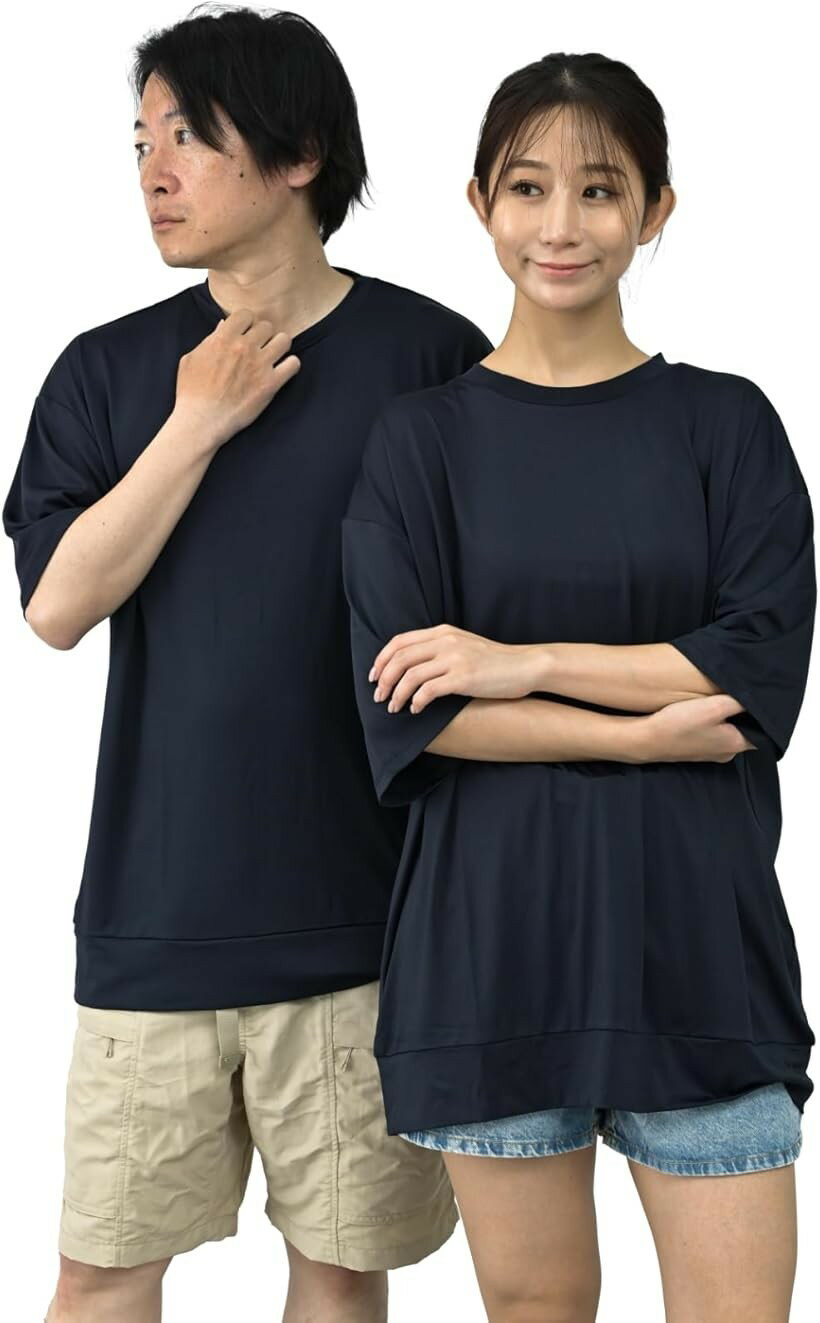 ラッシュガード レディース Tシャツ 水着 体型カバー 接触冷感 Q-MAX UPF50+ 98% uvカット 夏 軽量 速乾 プルオーバー ママ水着 半袖 指穴付き マラソン ジョギング (ネイビー / 簡易包装版, Free Size)