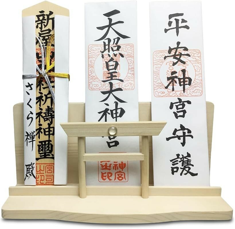 神棚 神明 水晶 大鳥居 三社 白松 壁掛け お札立て モダン 棚板 神具 (1. 本体のみ, 三社)