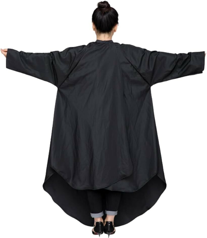 後ろが長いカットクロス 袖付き 散髪ケープ 毛染め セルフカット ロングサイズ ヘアエプロン 黒 ( ...