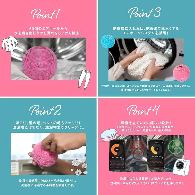 エムラインストアの洗濯ボール ドクターランドリー からまない スピード乾燥 ほこりとり 不純物吸着 ピンク (ピンク)｜アングル3