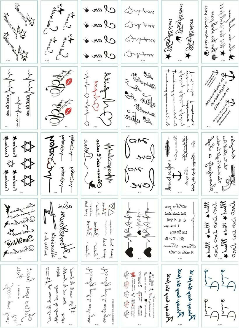 タトゥーシール 蝶 文字 ハート キスマーク 星 王冠 韓国 長持ち ボディシール 消えるタトゥー No.334 (黒, 6cmx10cm)