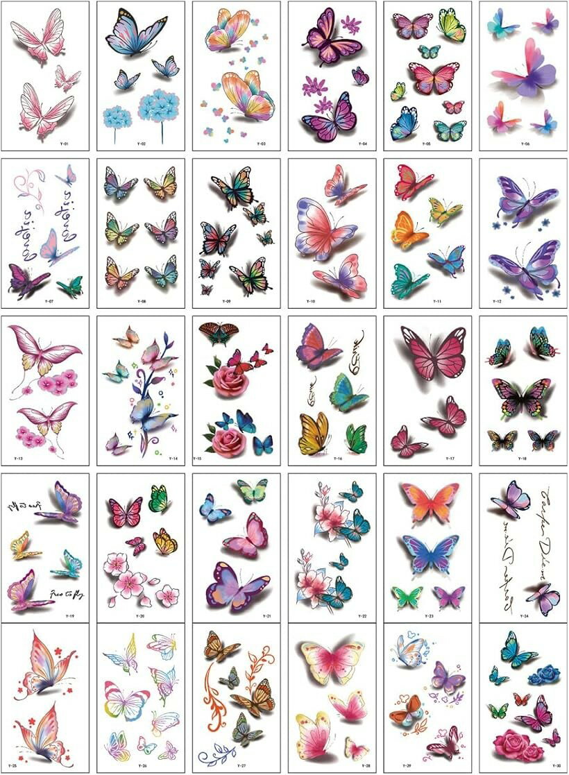タトゥーシール 蝶 花 薔薇 文字 ピンク 紫 青 韓国 長持ち ボディシール 消えるタトゥー No.343 (マルチカラー, 6cmx10cm)