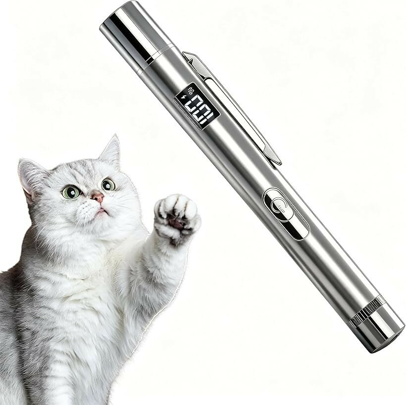 猫おもちゃ LED ライト ポインター USB 充電式 持ち運び便利 複数パターン 目に優しい光 室内ペット用 (光沢シルバー)